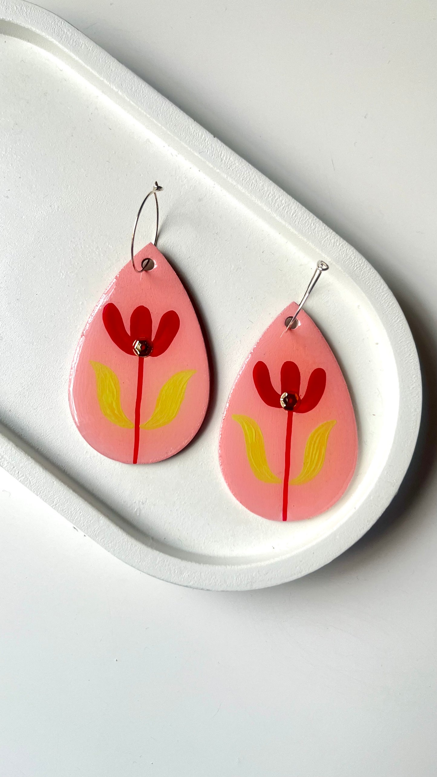 Pale Pink and Red Floral Dangle Earring