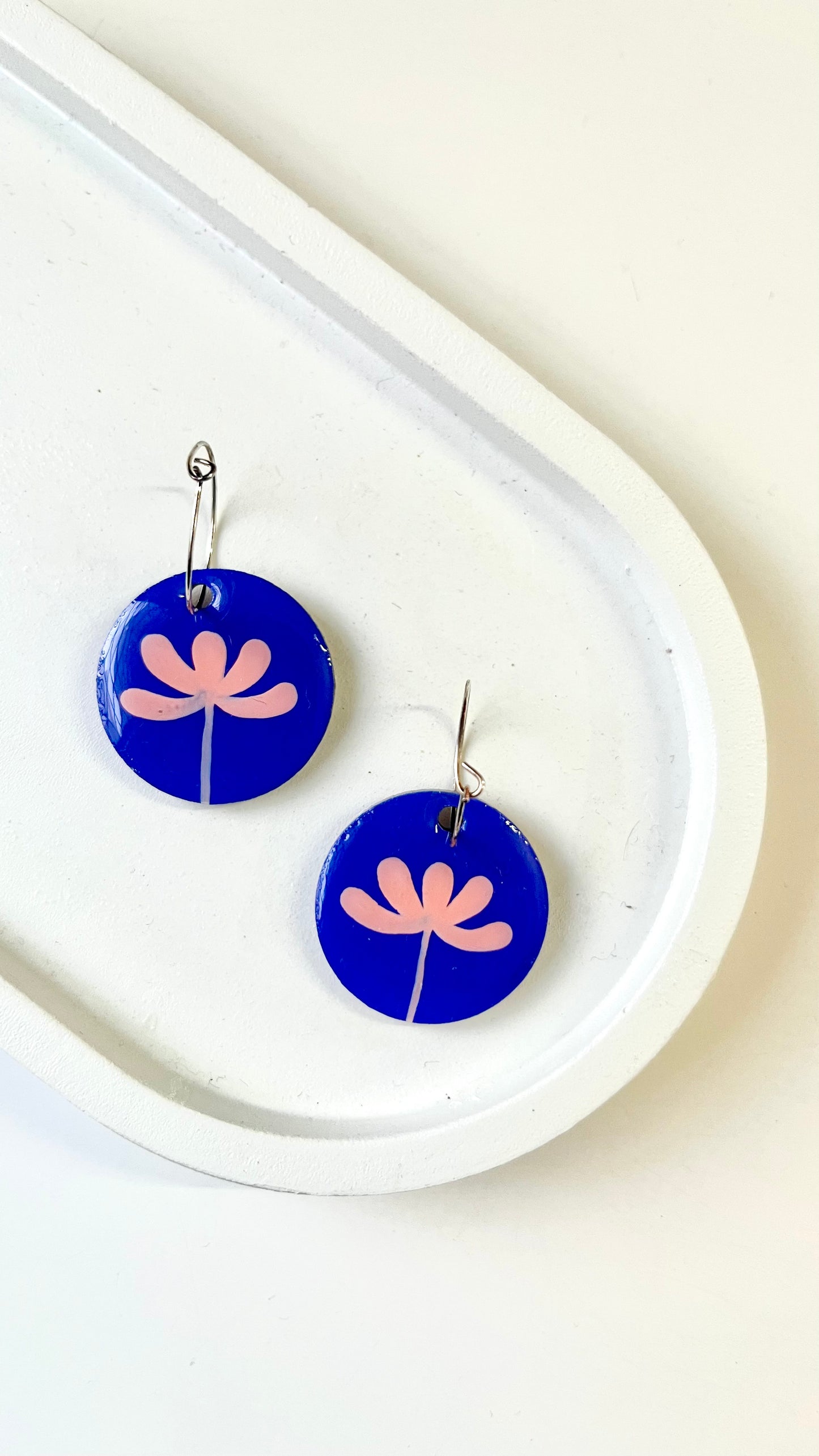 Navy Blue and Pink Flower Dangle Earring