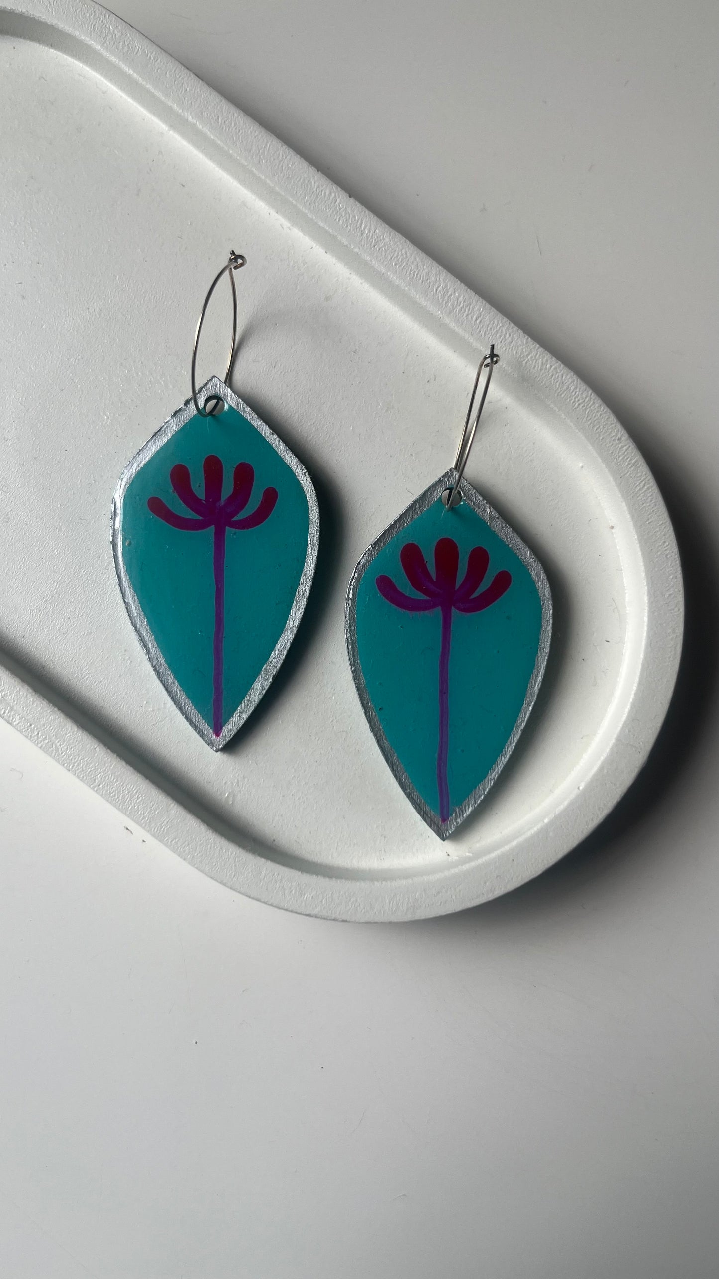 Teal Blue and Dark Pink Floral Dangle Earring
