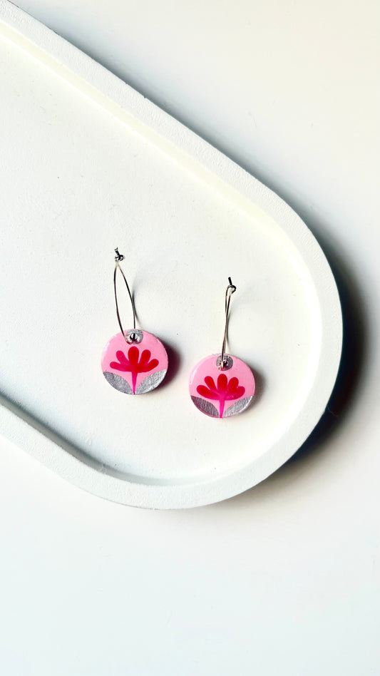 Pink and Silver Flower Dangle Earring