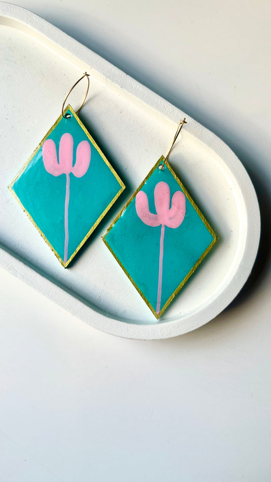 Pink and Teal Floral Dangle Earrings