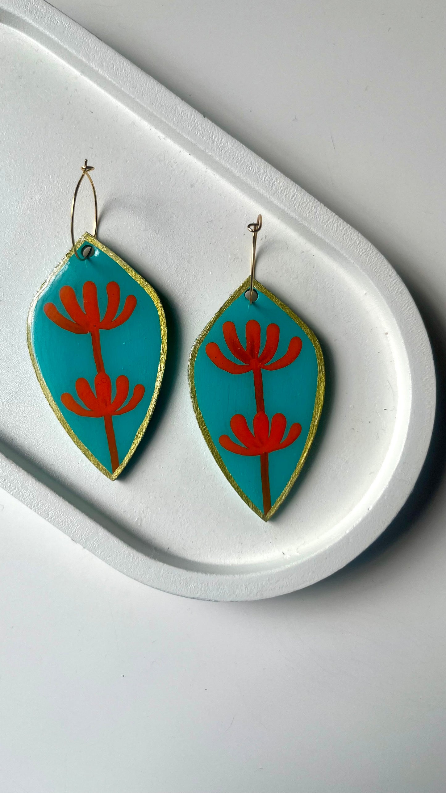 Teal Blue and Orange Floral Dangle Earring