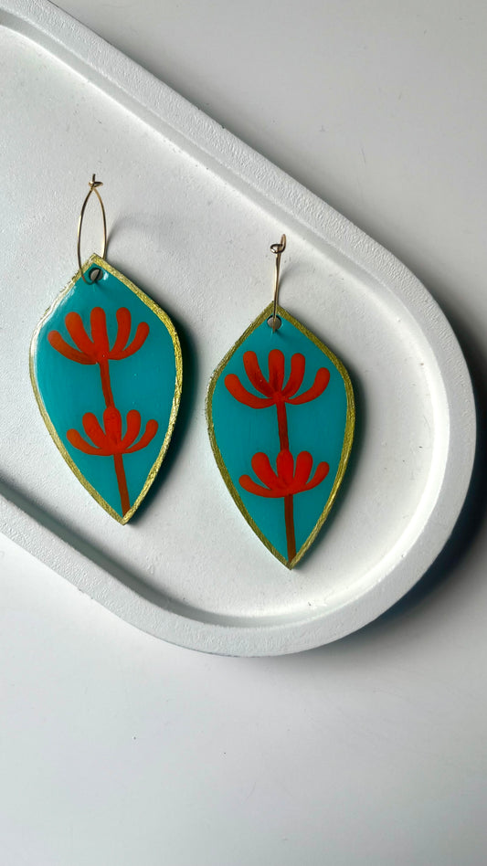 Teal Blue and Orange Floral Dangle Earring