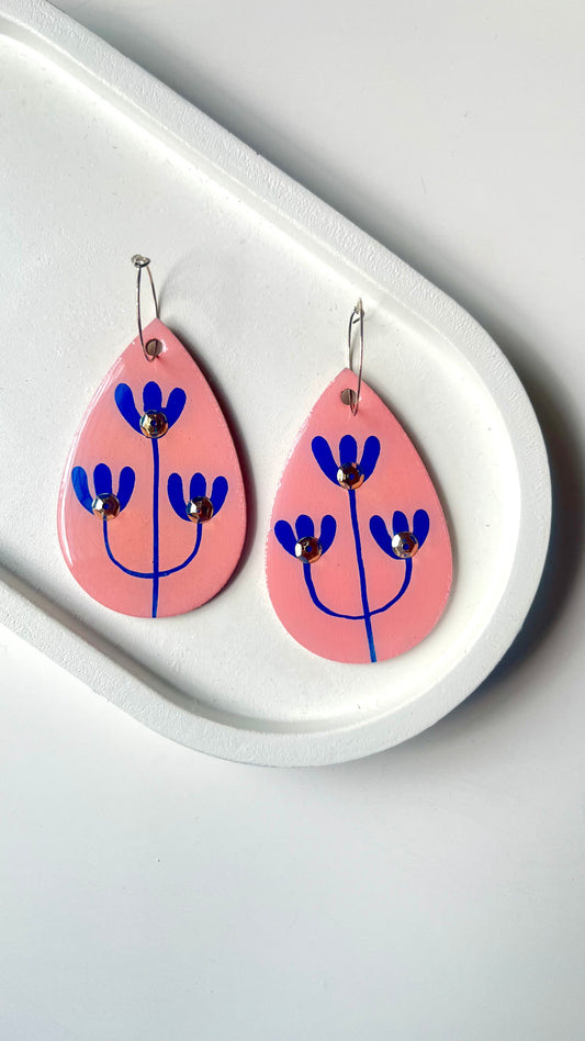 Pink and Blue Three Flowers Floral Dangle Earring