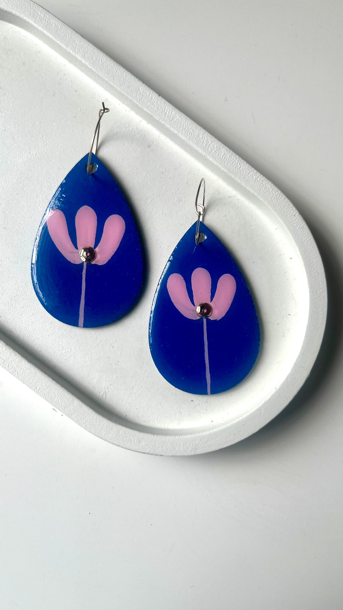 Three Pink Petals on Blue Dangle Earring