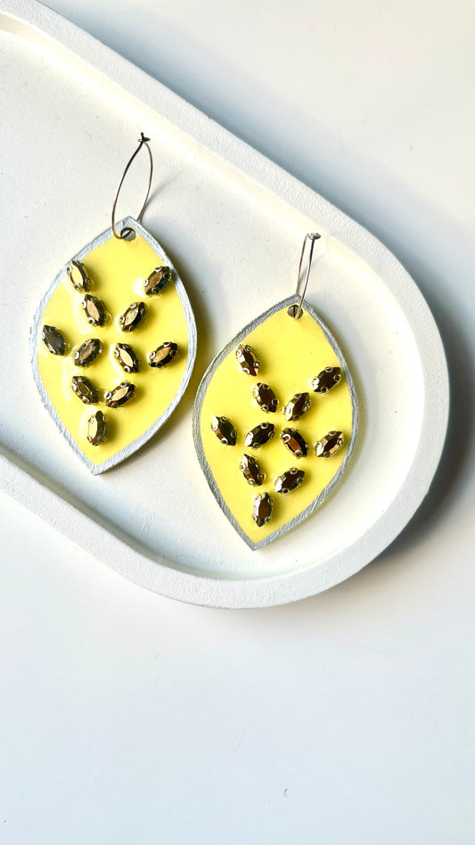 Yellow Leaf with Embellishment Dangle Earrings