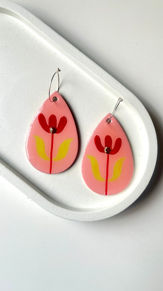 Pale Pink and Red Floral Dangle Earring