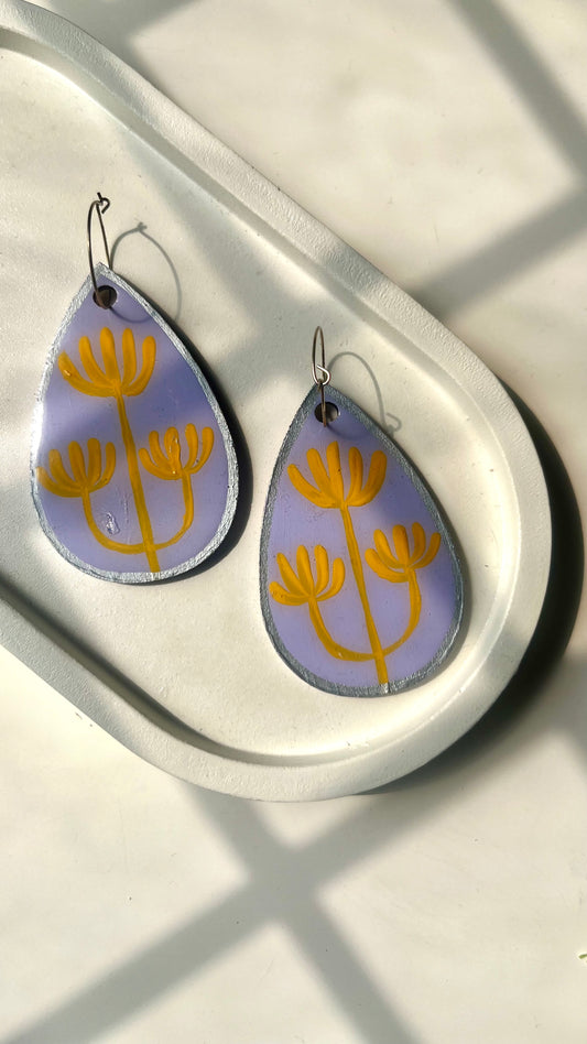 Purple Lavender and Three Yellow Flowers Dangle Earring