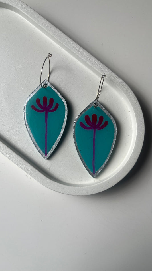 Teal Blue and Dark Pink Floral Dangle Earring